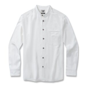 Men's Italian Nobleman's Ramie Band Collar Shirt - White Long Sleeve